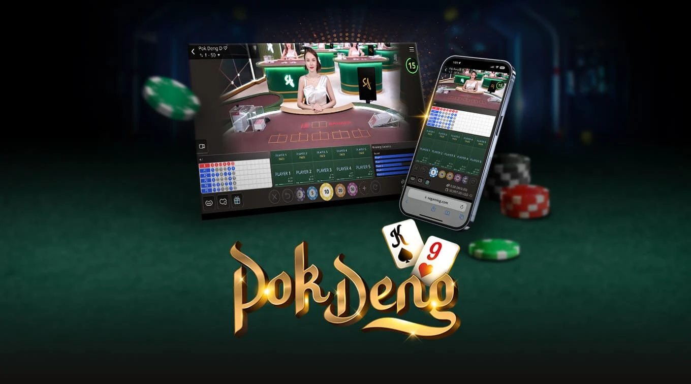 Image for an online Pok Deng game featuring a dealer at a casino table on the left and a mobile interface on the right. The text 'POK DENG' is prominently displayed at the bottom, with colorful poker chips and game cards surrounding the scene.